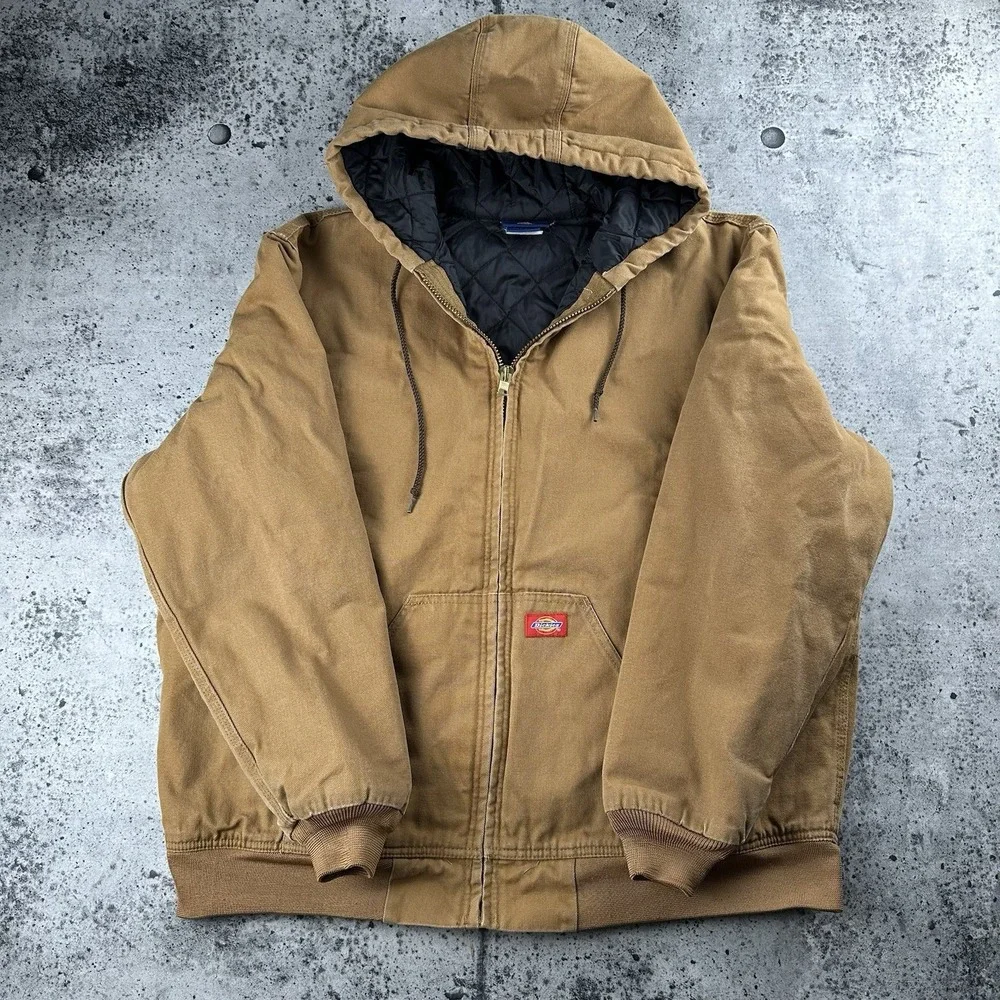 Vintage Dickies Brown Khaki Canvas Insulated‎ Hooded Active Jacket XL Red Label